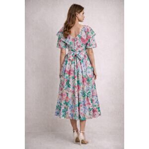 Vintage Lanz Originals Floral Puff Sleeve Midi Dress Cottagecore 80s EUC Pockets